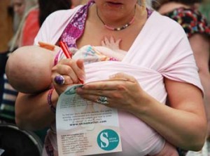 Pink lady with baby